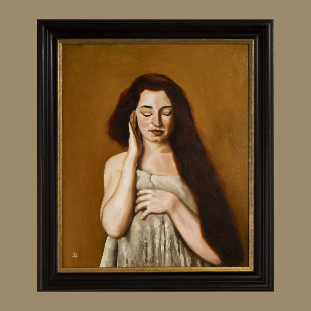 "Golden Memories" by André Romijn is a compelling oil painting that exudes a sense of introspection and serenity.