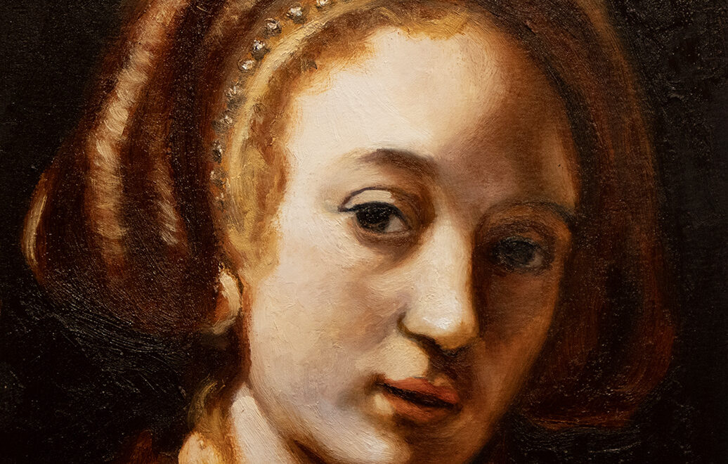 Portret in olieverf van een jonge vrouw naar Willem Drost door Andre Romijn