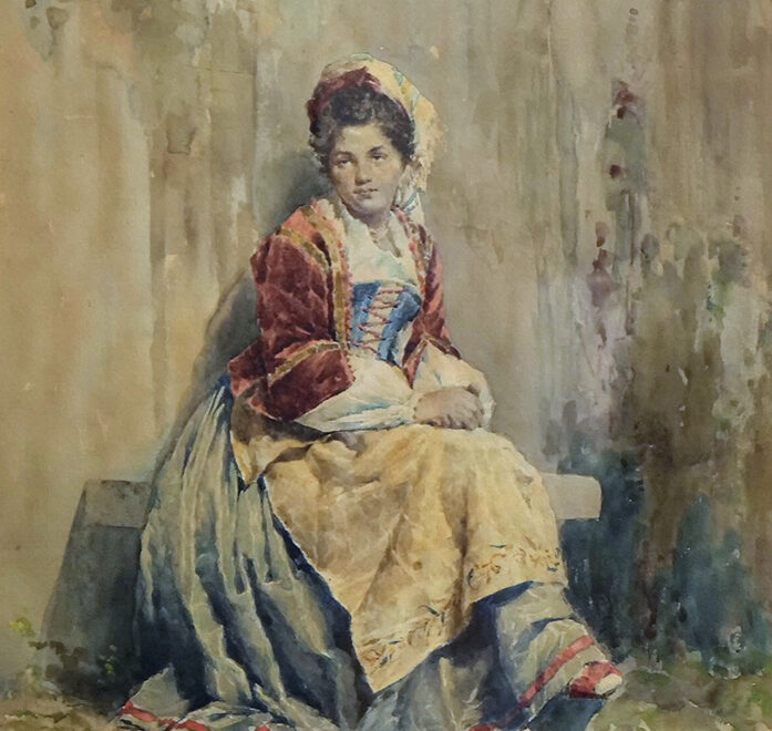Francesco Coleman's watercolour from 1876 presents us with a captivating representation of an Italian woman adorned in traditional Sorrento costume