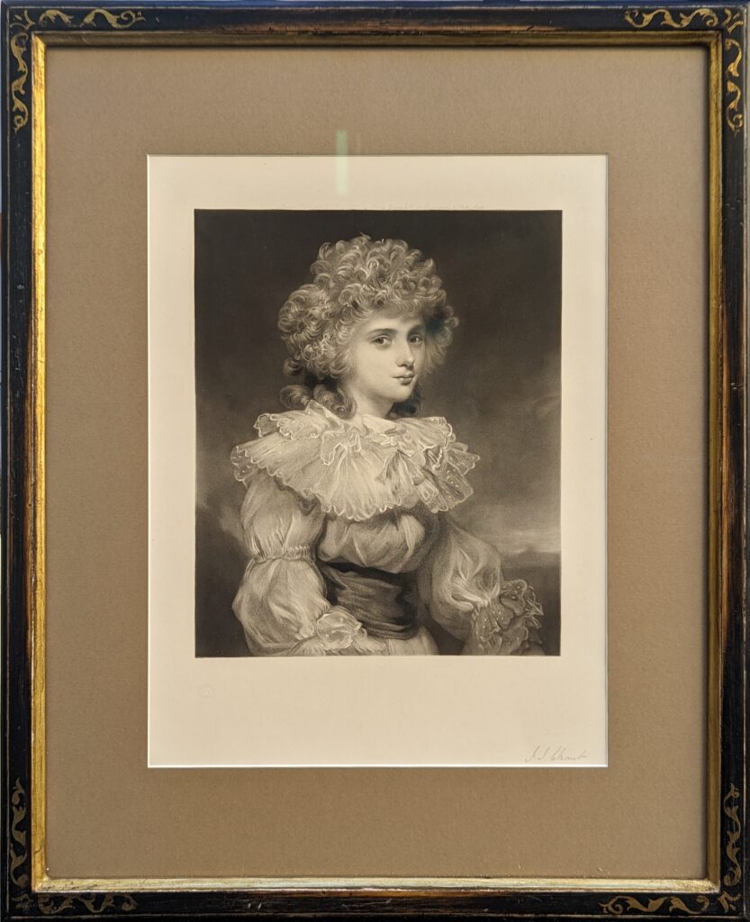 The framed mezzotint on chine collé is a fine example of portraiture that captures the grace and elegance of Elizabeth Christiana Cavendish, known when the portrait was made as Lady Elizabeth Foster