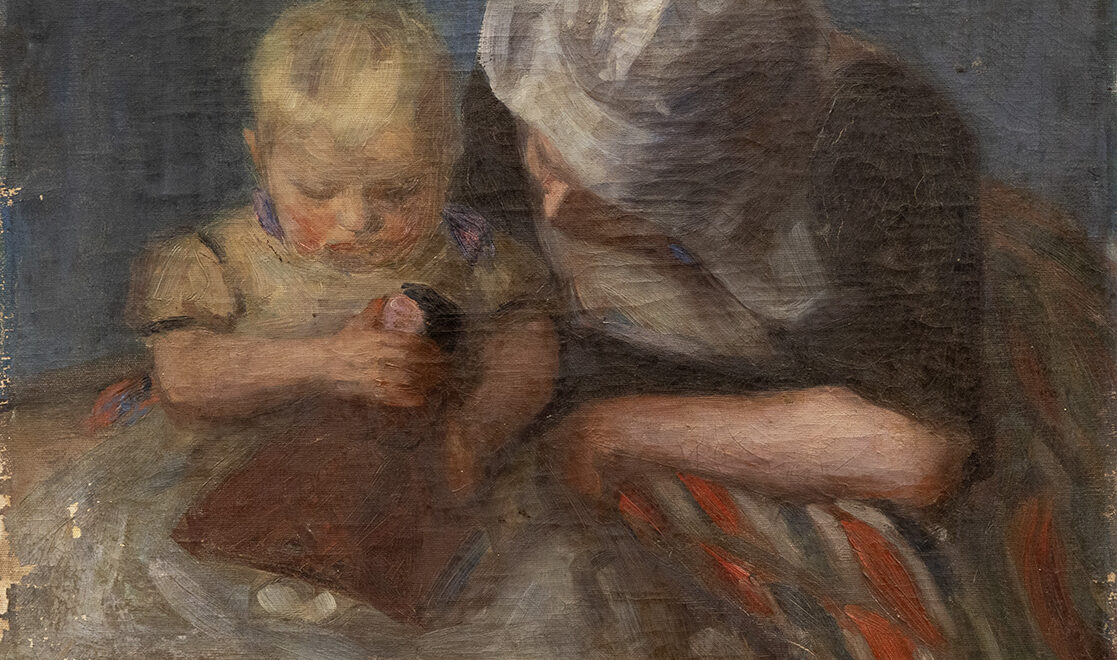 Gertrud Zuelzers schilderij &quot;Moeder en kind in traditionele Volendamse klederdracht&quot;, circa 1913, is een aangrijpende weergave van moederlijke genegenheid en cultureel erfgoed.