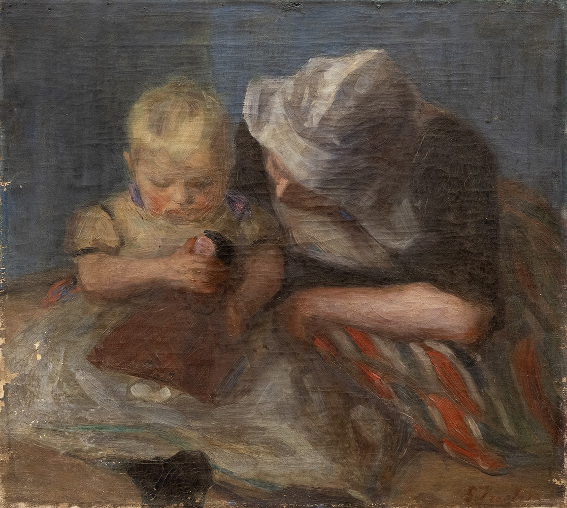 Gertrud Zuelzers schilderij &quot;Moeder en kind in traditionele Volendamse klederdracht&quot;, circa 1913, is een aangrijpende weergave van moederlijke genegenheid en cultureel erfgoed.