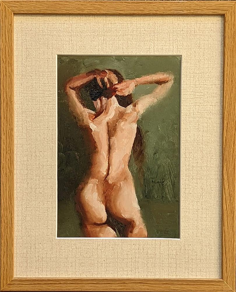 This oil painting 'Nude in Green' by André Romijn displays a striking figure study that dwells on the form and poise of the human body.