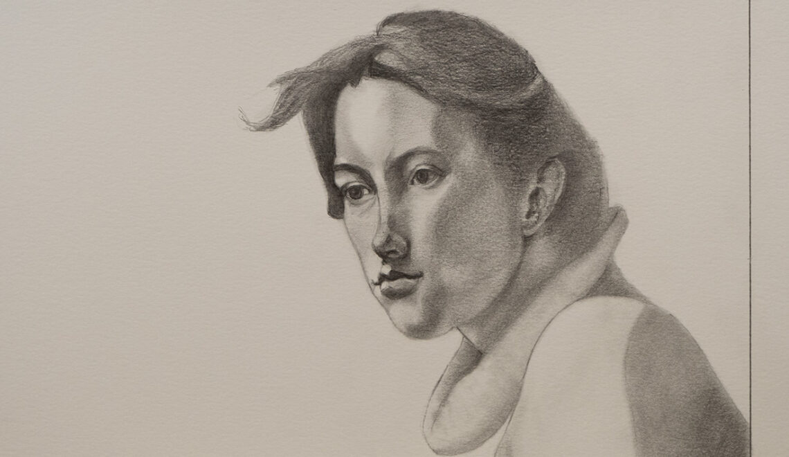 "Behind the Curtains: A Portrait of Maria" by André Romijn is a captivating pencil study that embodies the aspirations and introspective nature of a young woman on the cusp of an acting career.